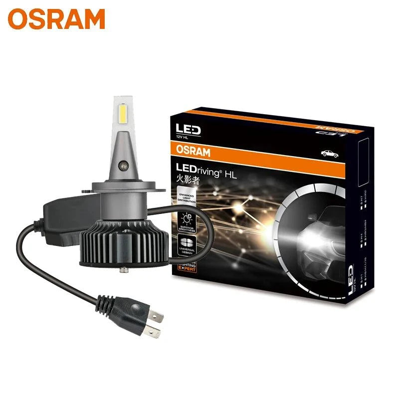 OSRAM LED H7 12V 25W HYZ headlight bulb with 6000K cool white light and +140% brightness, includes 2 bulbs and retail box