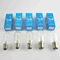 Set of navigation lamps with blue packaging, various bases including B22d, P28s, E27, clear glass bulbs for marine use.