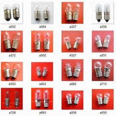 Set of 10 instruments bulb screw E10 lamp holders in various voltages with metal screw base and clear glass bulbs