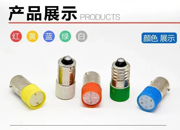 Mini LED BA9S E10 indicator light bulbs with bayonet screw, multiple colors and voltages.
