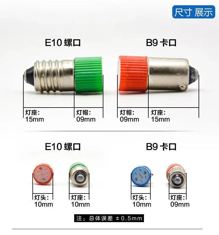 Mini LED BA9S indicator light bulbs with E10 screw and B9 bayonet bases showing dimensions and color-coded caps in red, green, and blue.