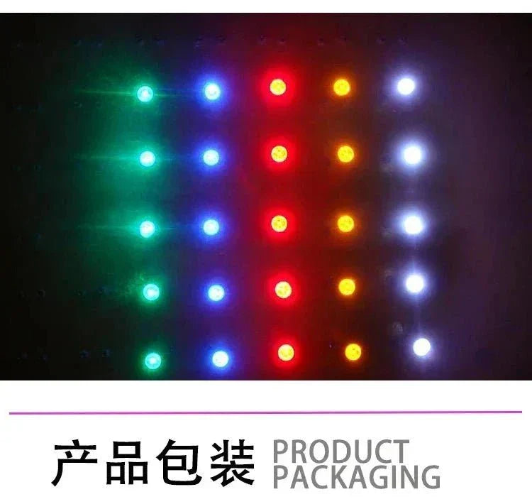 E10 BA9S screw LED indicator lights in red, yellow, blue, green, and white colors lit on black background