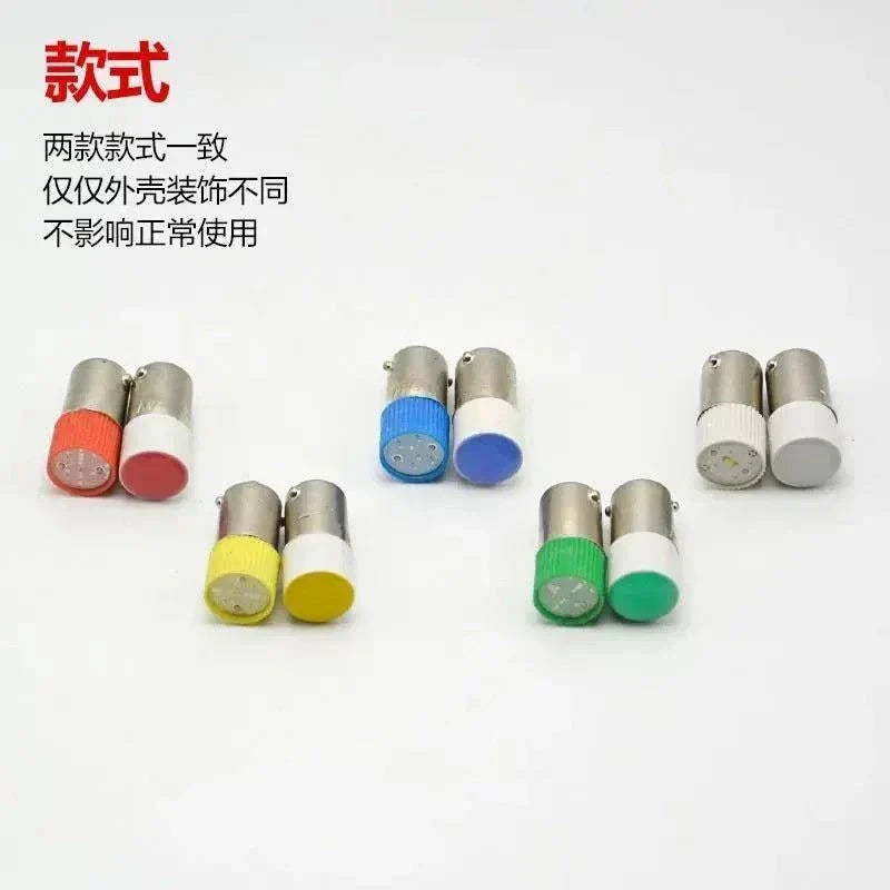 10pcs BA9S LED lamp bead indicator bulbs with colored bayonet screw caps in red, blue, yellow, green, and white