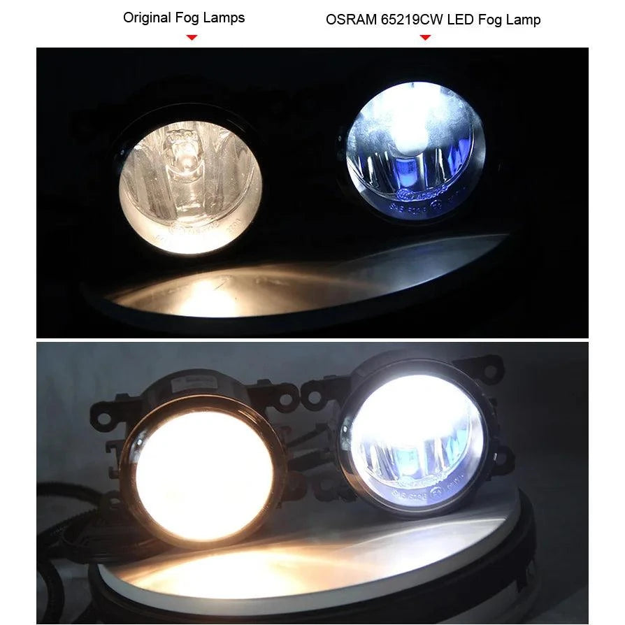OSRAM H8 H11 H16 LED fog lamps with 6000K white and blue hybrid light, glare-free and +50% brightness comparison with original fog lamps