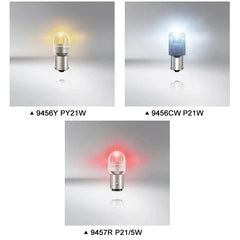 OSRAM LED P21W PY21W signal light bulbs set with amber, cool white, and red LED for car fog, brake, and stop lamps