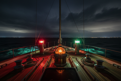 Yacht deck at night with marine navigation lights glowing